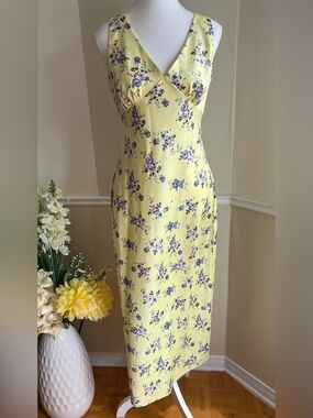 Yellow Floral Midi Slip Dress with Purple Floral Accents